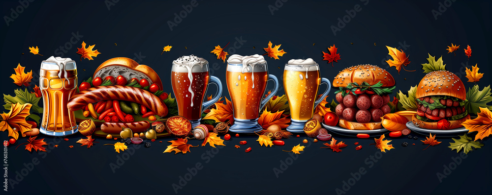 Oktoberfest wallpaper, beer background with fall leaves, beer and snack