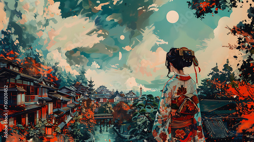 Enchanting Japanese-Inspired Artwork with a Touch of Fantasy and Wonder, Traditional Japanese Illustration, Mystical Landscape Painting, Dreamy Oriental Art, Generative AI

 photo
