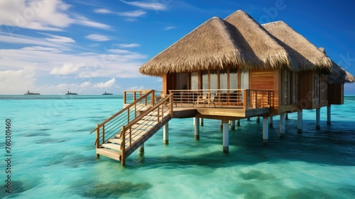 luxury water bungalow building illustration resort tropical, paradise vacation, relaxation escape luxury water bungalow building