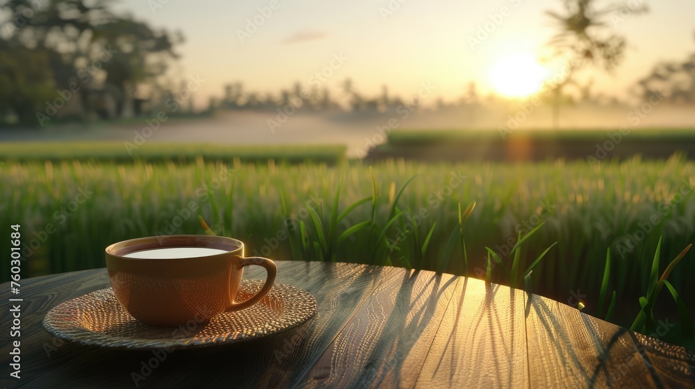 Cups and tea on the table with a view of rice fields and grass in the morning as the sun rises Cups and tea on the table with a view of rice fields and grass in the morning as the sun rises