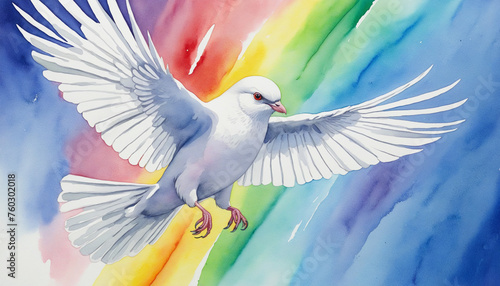 Watercolor style illustration of a white bird flying in a rainbow world
