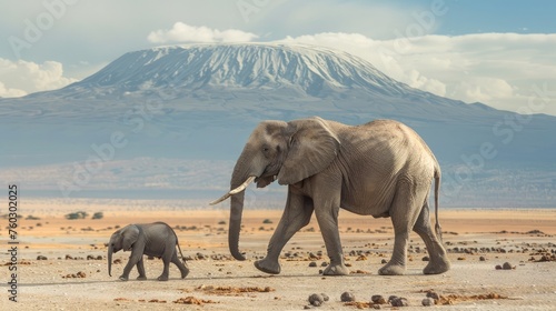 Concept of an elephant and her child walking through a national park © Chaonchai