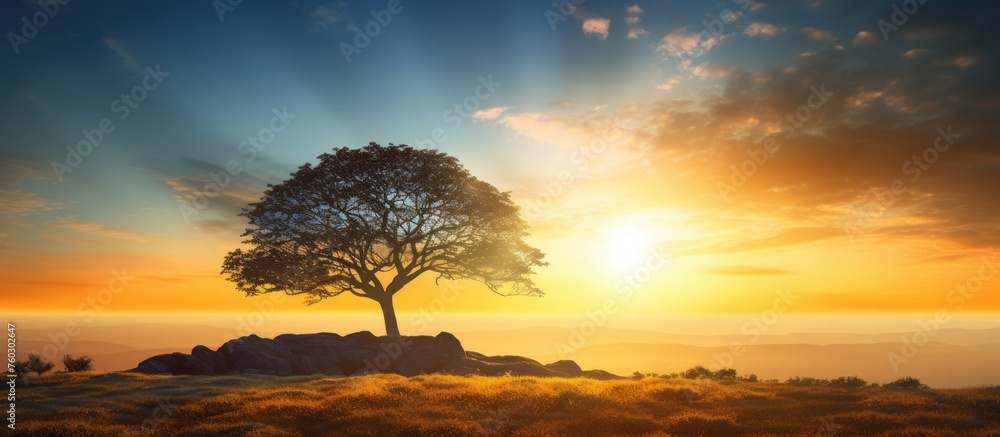 Serene Lone Tree Standing on Hilltop Bathed in Warm Sunset Light
