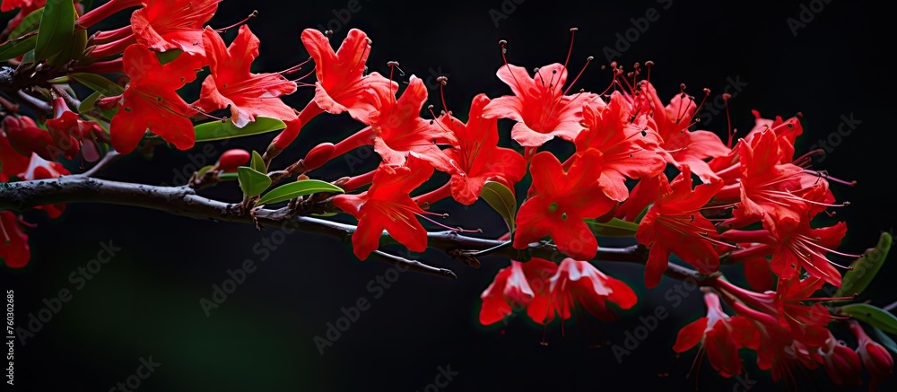 Serene Branch Covered in Vibrant Red Flowers Blossoming in Spring Garden Serene Branch Covered in Vibrant Red Flowers Blossoming in Spring Garden