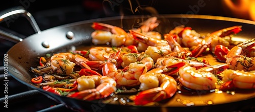 Deliciously Cooked Shrimp Sizzling in a Pan, Ready to Serve Fresh Seafood Dish