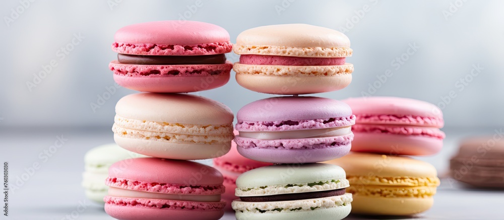 Assorted Colorful Macarons on a Modern White Marble Background