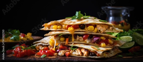 Savory Chicken Quesadilla Stack Served with a Refreshing Glass of Beer