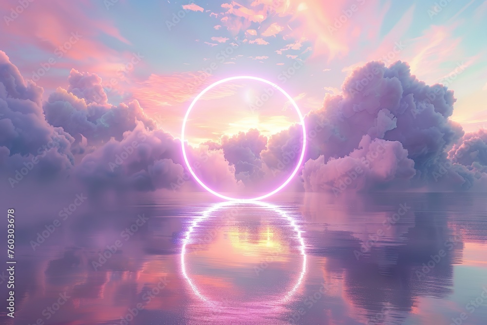A serene sunrise with a glowing neon circle reflected in calm waters.