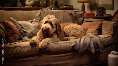 Relaxed Dog Lounging on a Cozy Sofa in a Lovely Living Room Setting