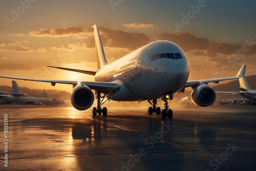 A scene of an airplane landing at sunset