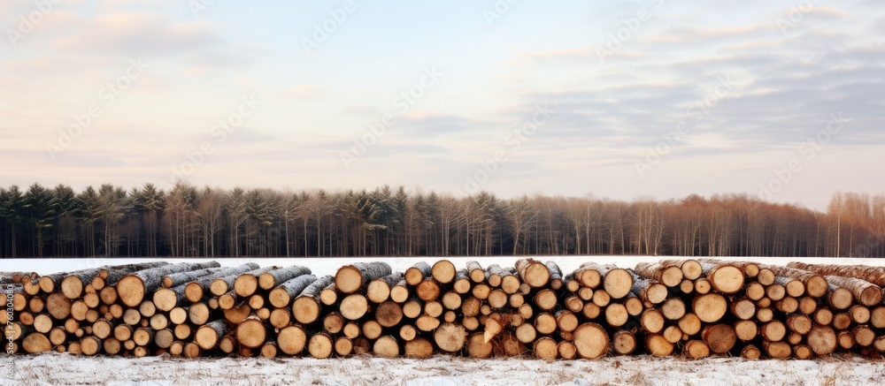 Rustic Pile of Timber Logs in a Lush Forest Setting Surrounded by Nature's Bounty