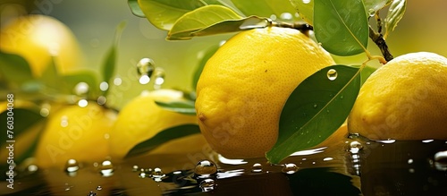 Sunlit Fresh Lemons in Vibrant Yellow Hue Piled on Wooden Surface photo