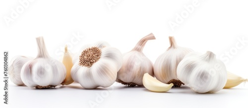 Aromatic Garlic Bulbs Array on Clean White Background for Kitchen Cooking Concepts