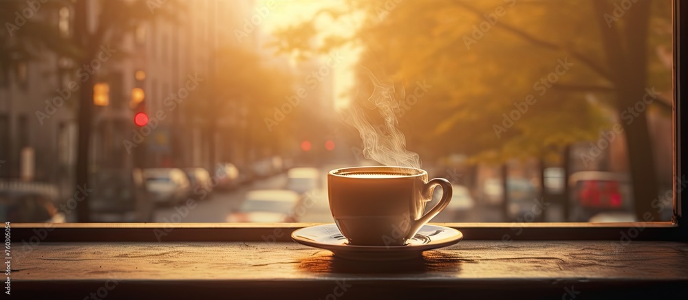 Soothing Coffee Break by the Window on a Sunny Morning with a Relaxing Urban View Soothing Coffee Break by the Window on a Sunny Morning with a Relaxing Urban View