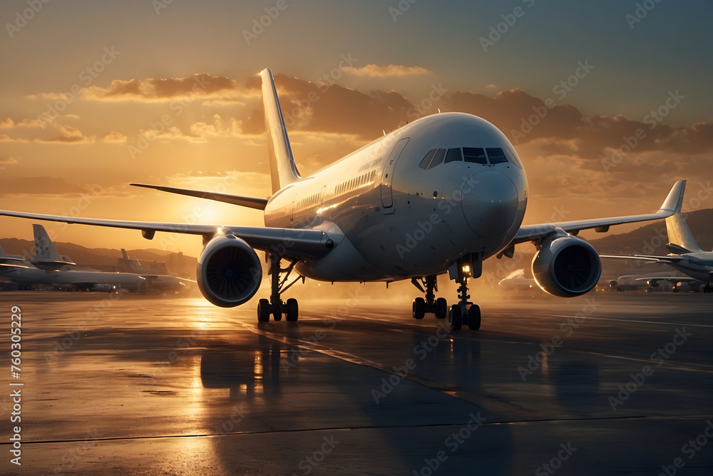 A scene of a plane landing at sunset A scene of a plane landing at sunset