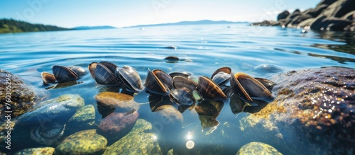Beautiful Mussel Shells Floating in Clear Water Among Seaweed and Rocks photo