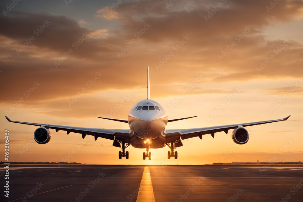 A scene of a plane landing at sunset