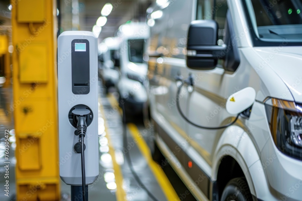 White Electric Van Plugged in at Charging Station in Parking Garage Under Bright Lights White Electric Van Plugged in at Charging Station in Parking Garage Under Bright Lights