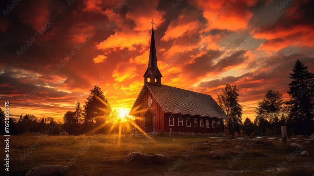 Obraz premium architecture sunset church building illustration religious spiritual, worship faith, congregation steeple architecture sunset church building