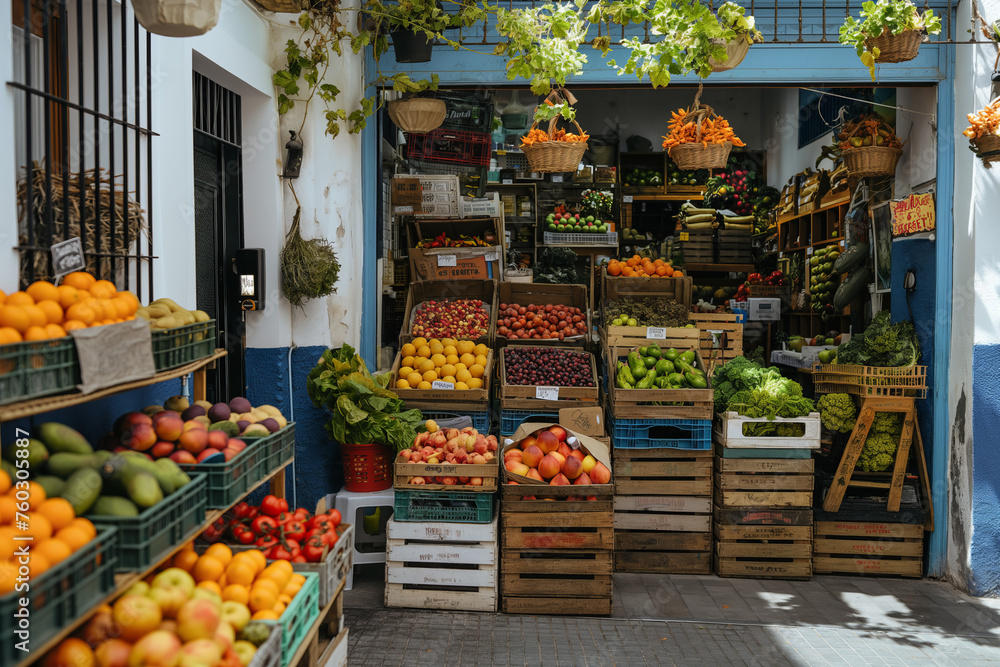Colorful fruits and vegetables local shop on a European picturesque scenic street