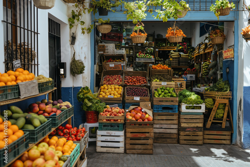 Colorful fruits and vegetables local shop on a European picturesque scenic street
