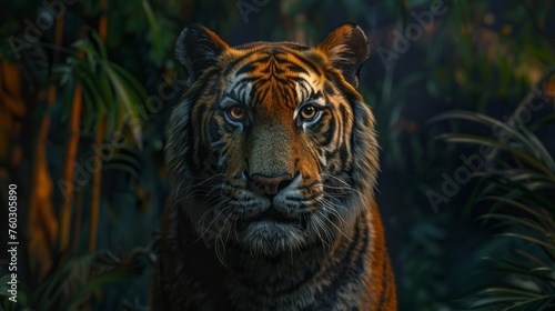Majestic Tiger Amid Lush Foliage Staring Intently with Piercing Eyes in a Vibrant Jungle Scene