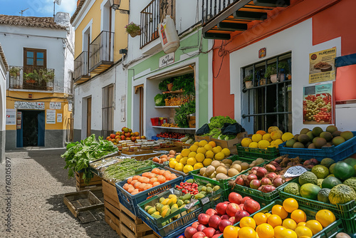Colorful fruits and vegetables local shop on a European picturesque scenic street © Roman