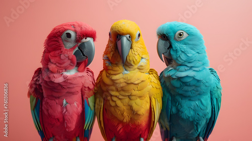 A vibrant portrait of three colorful parrots, with their feathers in shades of red, yellow, and blue, against a soft pink background.