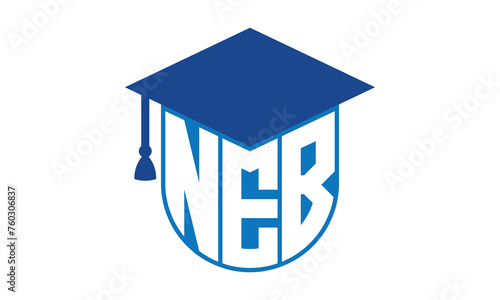 NEB initial letter academic logo design vector template. school college logo, university logo, graduation cap logo, institute logo, educational logo, library logo, teaching logo, book shop, varsity	