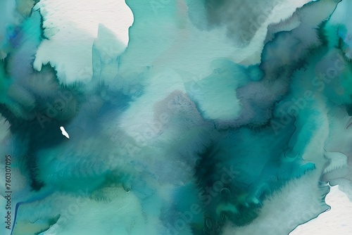 Blue turquoise teal mint cyan white abstract watercolor. Colorful art background. Light pastel. Brush splash daub stain grunge. Like a dramatic sky with clouds. Or snow storm cold wind frost winter. G