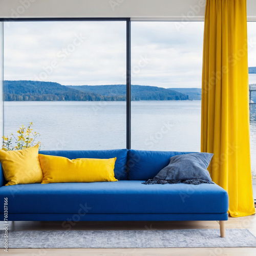 A Blue sofa with yellow pillows and blanket against floor to ceiling window with lake view. Scandinavian home interior design of modern living room.