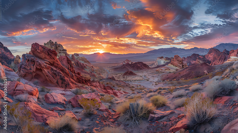 Early Morning Sunrise over Valley of Fire and Las Vegas: Majestic Dawn Landscape, Red Rock Canyon Scenic View, Desert Sun Rising, Nevada Natural Beauty, Generative Ai


