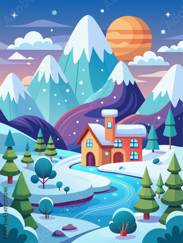 A snowy winter village scene with houses nestled among trees depicts a winter wonderland