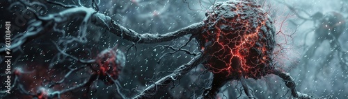 dark and gritty illustration of a cancerous cell, its mutated form spreading tendrils that engulf healthy cells, representing the fight against disease on a cellular level. photo