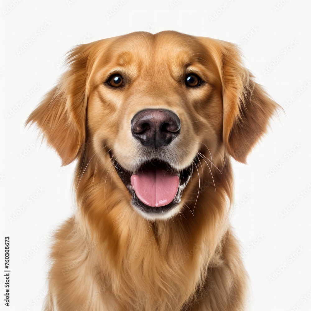 Close-up of a Golden Retriever against a white background.