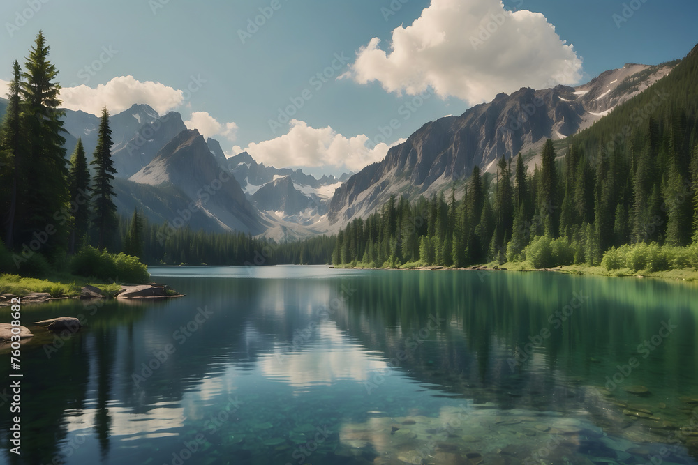 A landscape of a tranquil lake with mountains