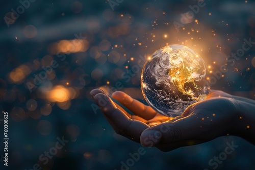 close-up of a hand holding a glowing orb that depicts a healthy planet Earth, symbolizing the responsibility we have to protect our environment for future generations.