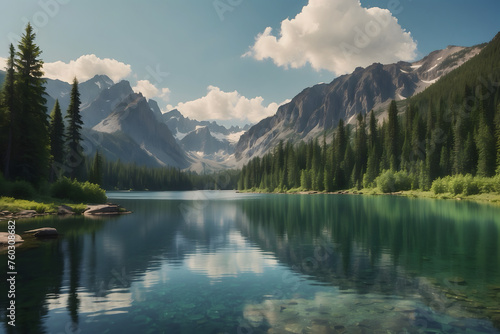 A landscape of a tranquil lake with mountains photo