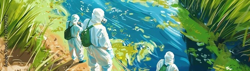 dynamic illustration of a team of researchers in hazmat suits cleaning up a polluted river, using advanced technology to restore the environment.