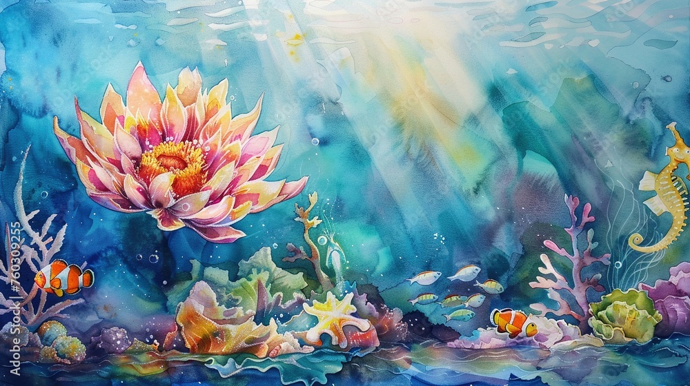 watercolor drawing of a vibrantly colored flower blooming on the ocean floor