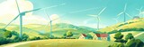 whimsical illustration of a wind farm nestled amongst rolling green hills, with giant turbines spinning to generate clean energy for a sustainable city in the distance.