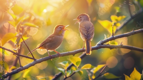 Ptaki rozmawiają ze sobą siedząc na górnej gałęzi drzewa photo