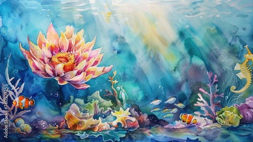 watercolor drawing of a vibrantly colored flower blooming on the ocean floor photo