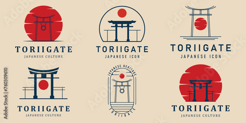 set torii gate logo vintage and line art icon and symbol vector illustration template design graphic