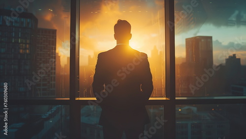 businessman standing in front of a window thinking about the company's business opportunities. With Generative AI © chocoloki