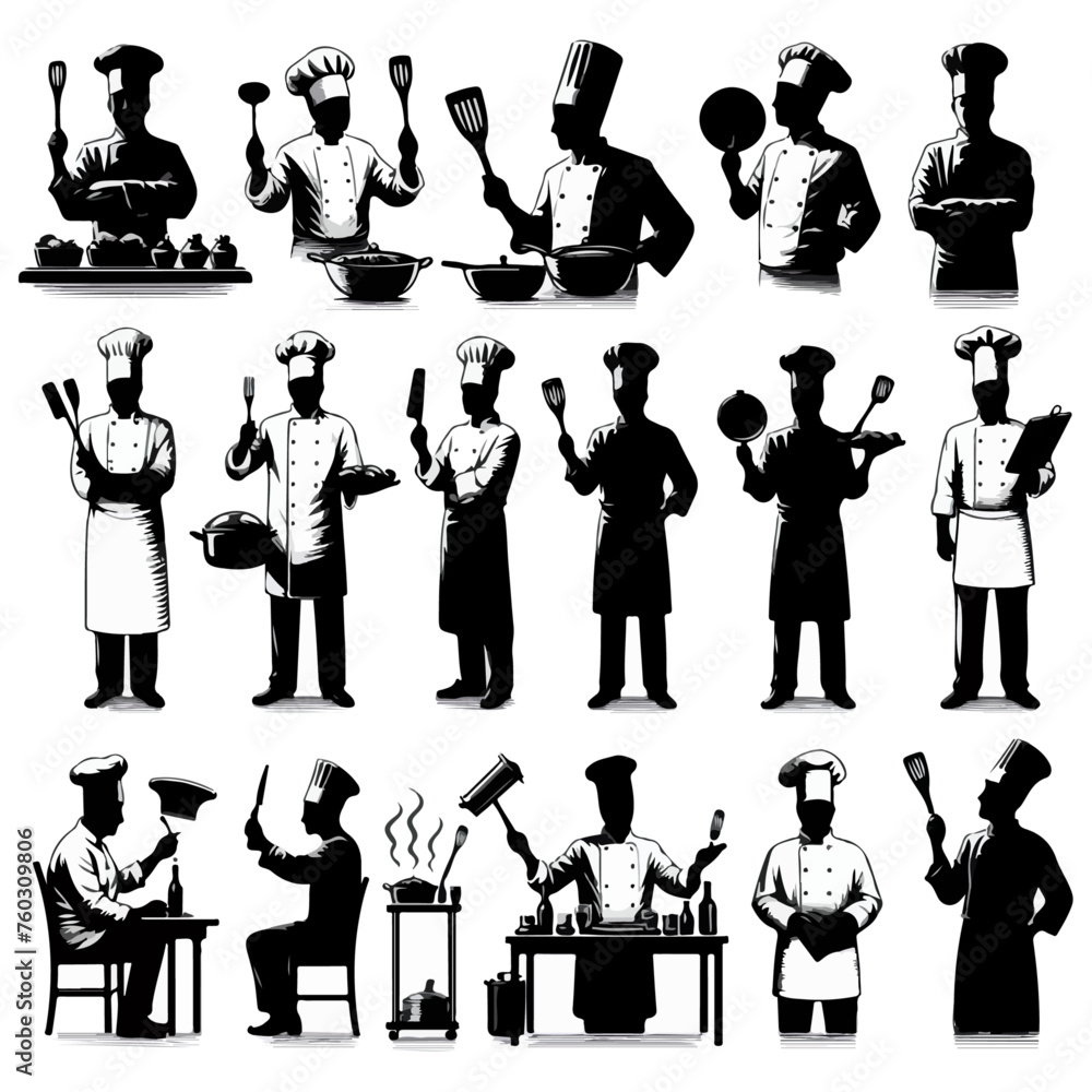 chef silhouette , chef poses silhouette , chef standing silhouette , cooking silhouette , food silhouette , chef character silhouette , kitchen silhouette , chef cap silhouette