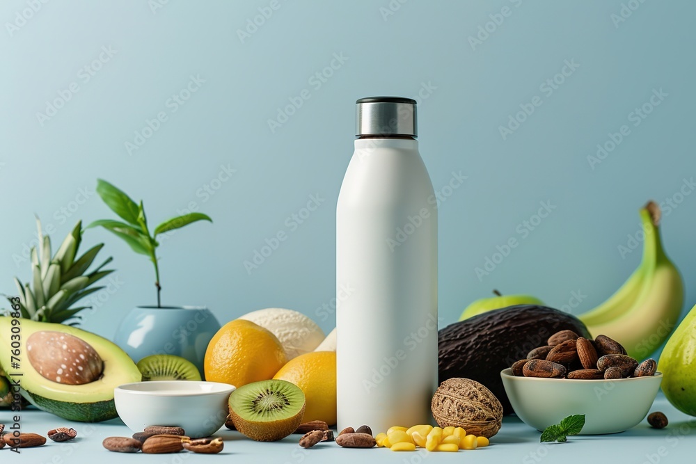 A reusable bottle surrounded by a variety of fresh fruits, nuts, and cocoa beans on a blue background.