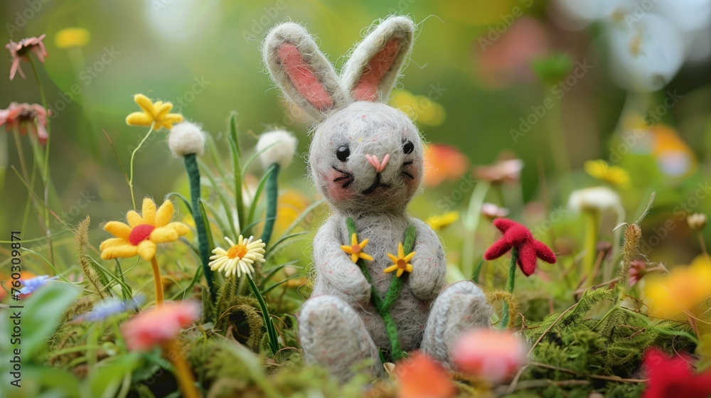 Pluszowy królik siedzący w polu pełnym kwiatów. Króliczek wielkanocny robiony ręcznie. Wiosenne światło padające na delikatne futerko królika, otula go piękną, kolorową roślinnością. - obrazy, fototapety, plakaty 