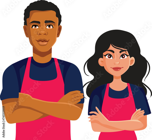 Vector Isolated Couple of Employees Standing with Arms Crossed. Waiter and waitress standing proud doing his job 
