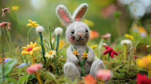 Pluszowy królik siedzący w polu pełnym kwiatów. Króliczek wielkanocny robiony ręcznie. Wiosenne światło padające na delikatne futerko królika, otula go piękną, kolorową roślinnością.